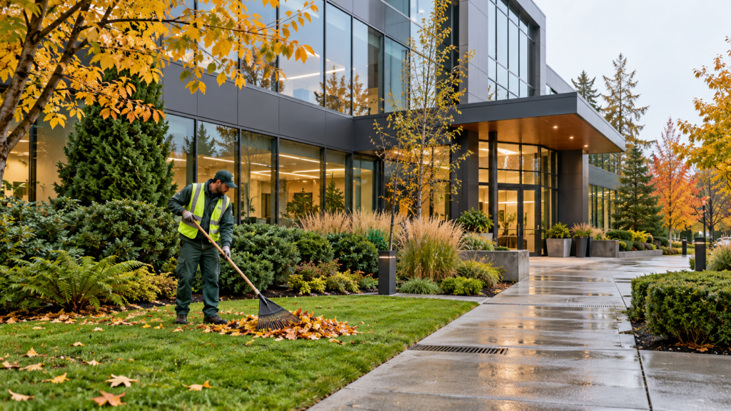 Landscape worker raking autumn leaves beside a commercial office building and walkway in Vancouver.
