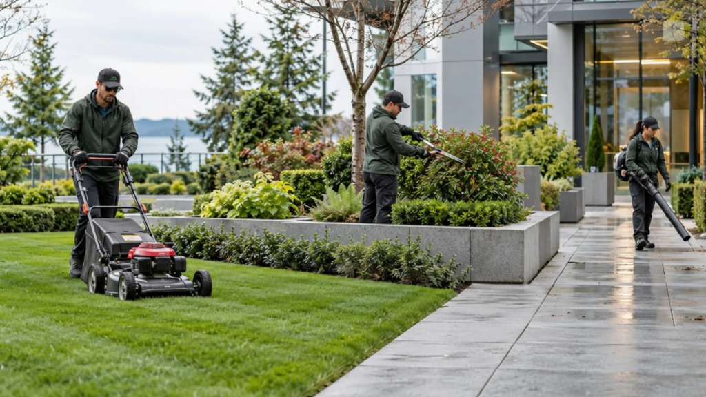 Commercial landscape maintenance crew servicing a modern Vancouver commercial property