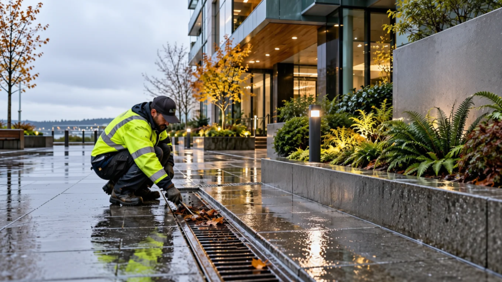 Commercial landscape worker inspecting drainage at a Vancouver property during wet weather