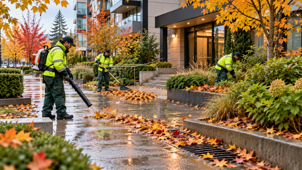 Commercial leaf cleanup Vancouver property maintenance crew