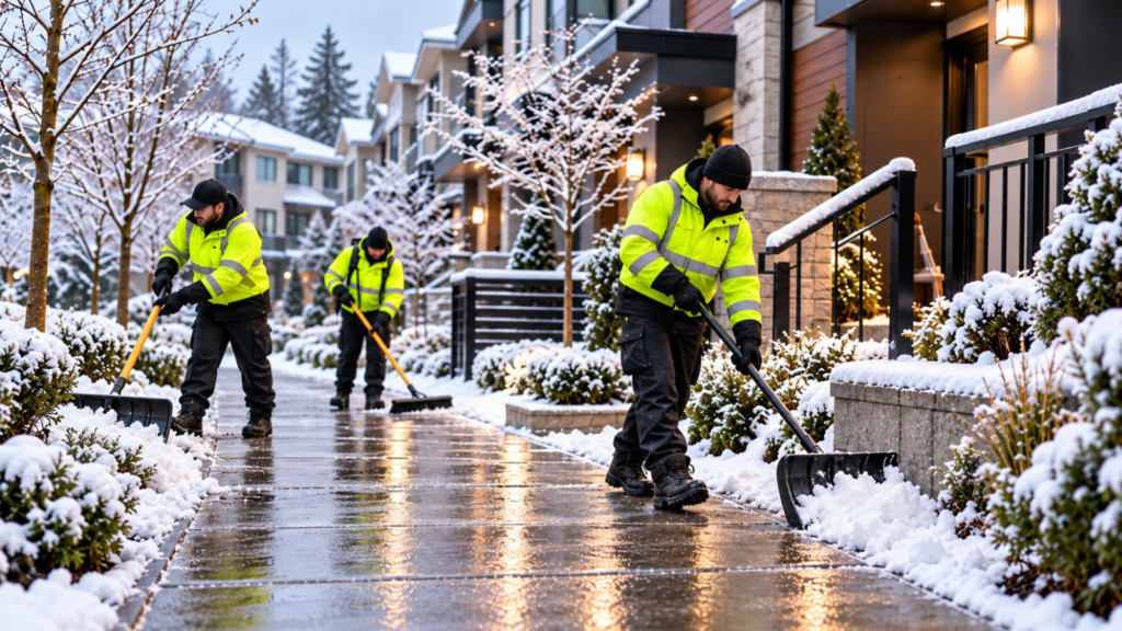 Commercial snow removal crew clearing walkways at a Vancouver strata townhouse property