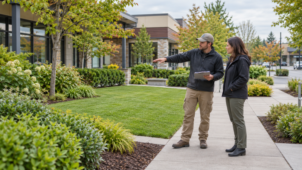 Property manager and landscape supervisor reviewing a site plan beside landscaped grounds at a commercial plaza.