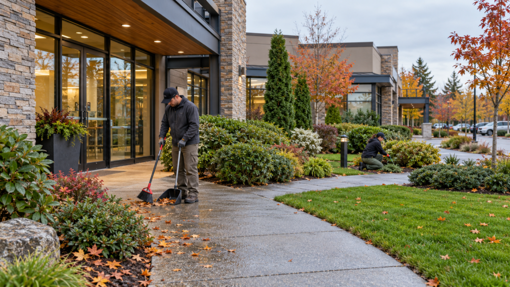 Grounds maintenance crew clearing a commercial walkway and tending landscaped beds at a low-rise plaza.