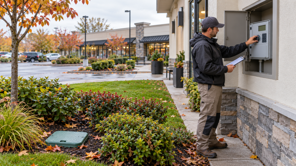 Commercial irrigation winterization preparation, with a technician checking an irrigation controller beside landscaped retail grounds.
