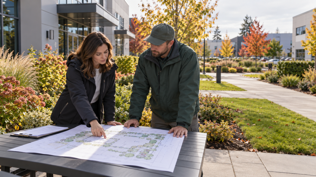 Property manager and landscape supervisor reviewing a site plan for a commercial landscaping budget at a low-rise business park.