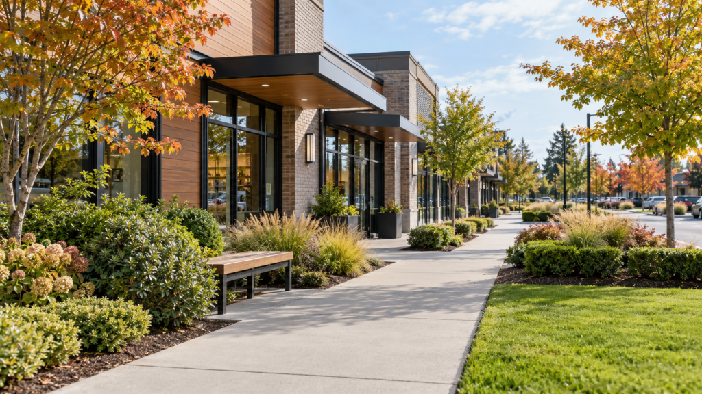 Commercial landscaping at a low-rise retail plaza, with layered shrubs, tidy lawn edges and a clear walkway to storefront entrances.