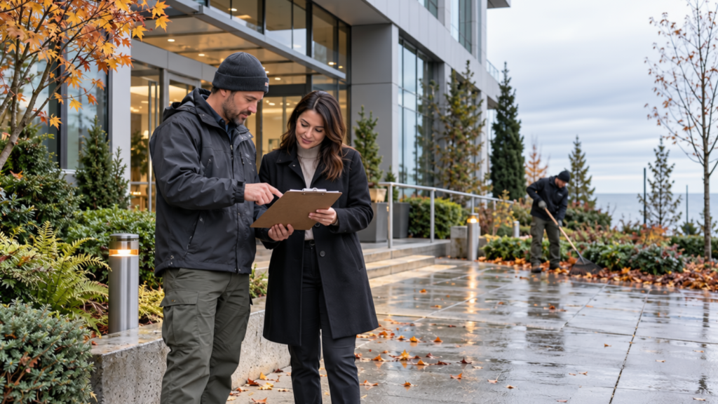 Landscape supervisor and property manager reviewing a winter maintenance checklist outside a commercial building.