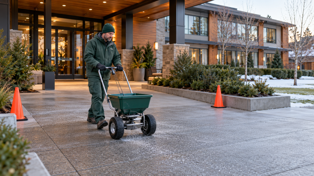 Worker applying de-icing products with a drop spreader on a cleared hotel walkway beside raised evergreen planting beds.
