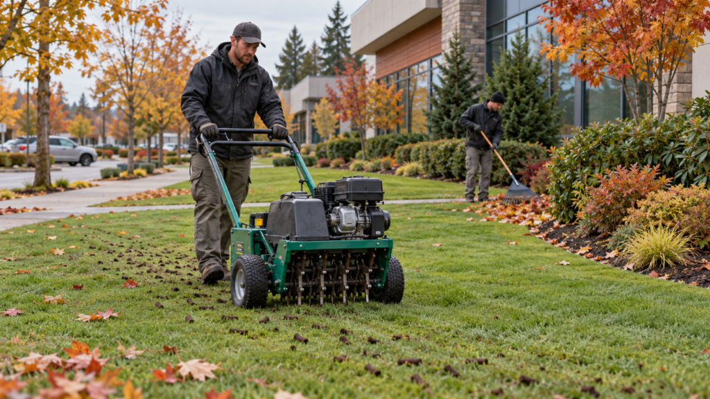Crew member aerating a commercial lawn while another worker clears autumn leaves beside a landscaped bed.