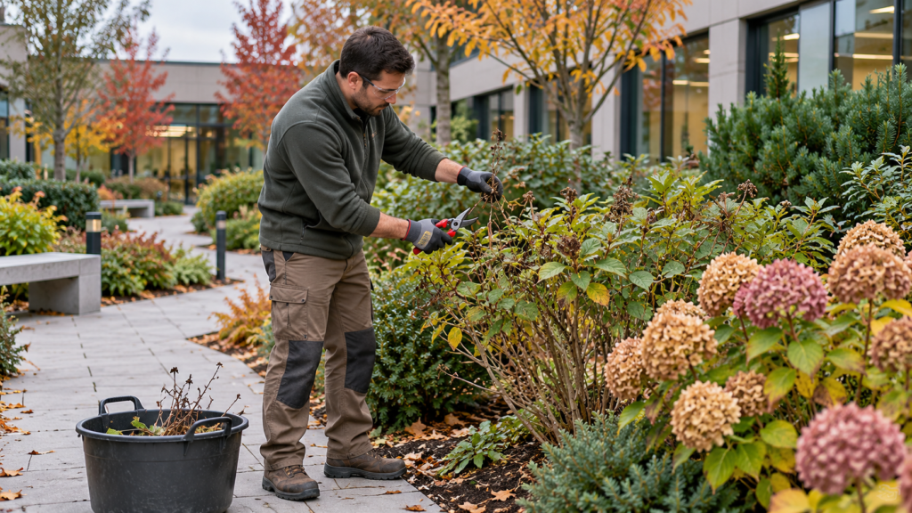Landscape crew member selectively pruning a shrub beside a commercial walkway, with faded hydrangea flowerheads retained nearby.