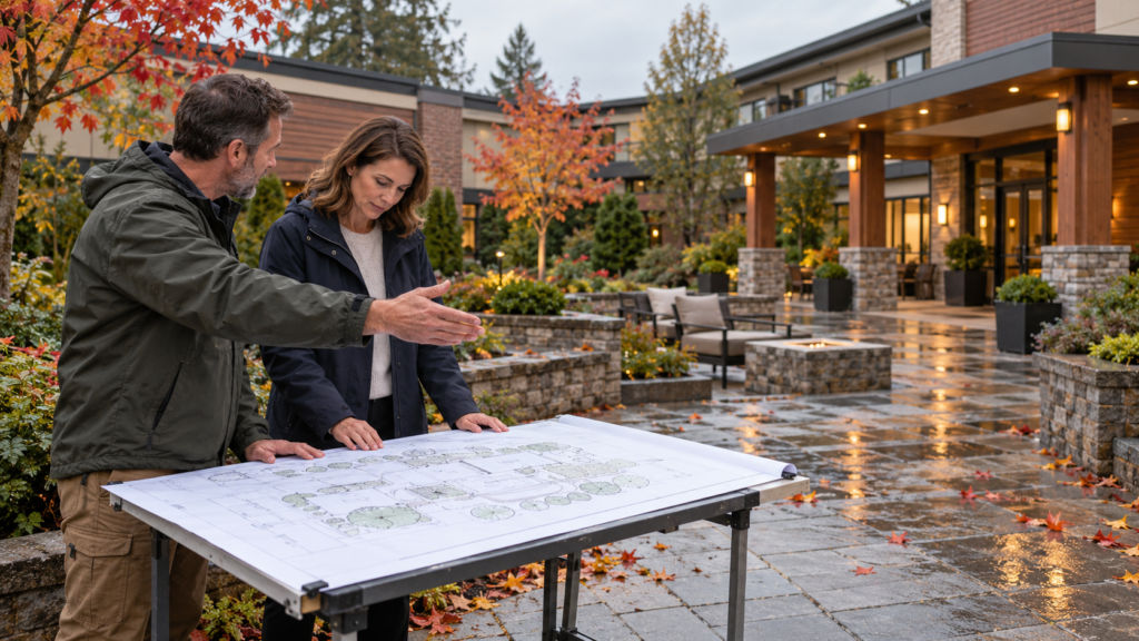 Landscape construction planning at a hotel courtyard, with a project supervisor and facilities manager reviewing a site drawing.