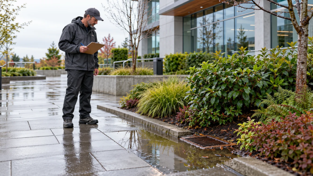 Landscape supervisor inspecting standing water beside a planted bed and walkway at a commercial property.