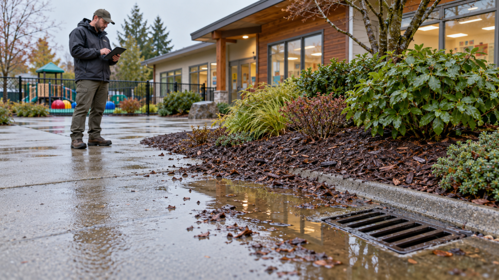 Landscape drainage inspection beside a daycare walkway, showing shallow pooled water and displaced mulch near a drain.