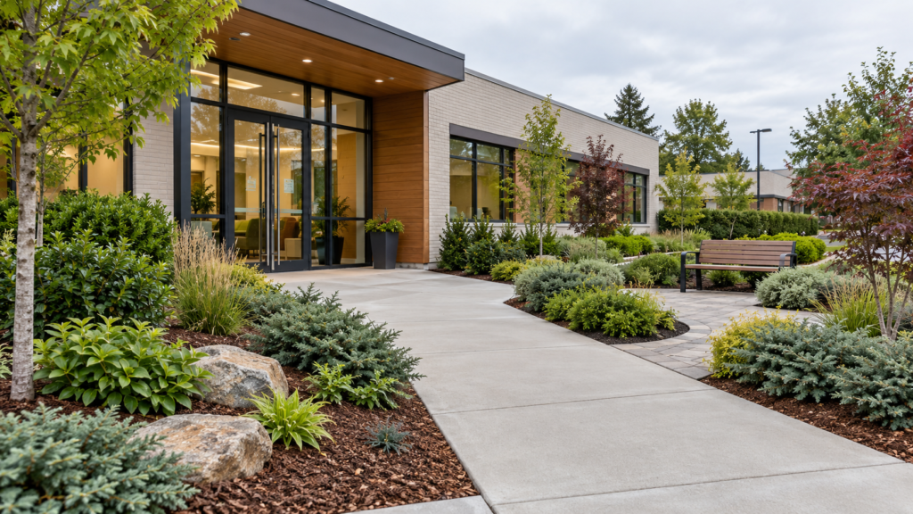 Low-maintenance landscaping outside a medical centre, with compact shrubs, mulched beds and a wide clear walkway.