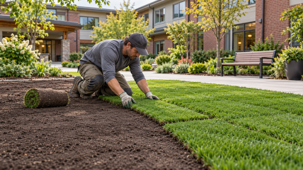 Landscape worker laying fresh sod on prepared soil beside a walkway at a senior living property.