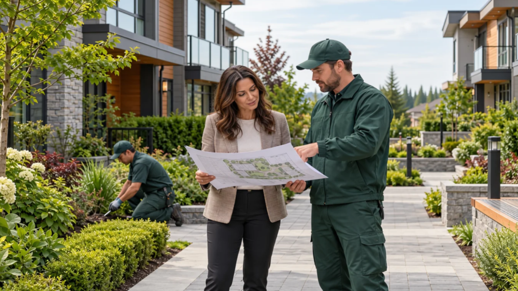 Property manager and landscape supervisor reviewing a site plan in a townhouse courtyard while a crew member maintains a garden bed.