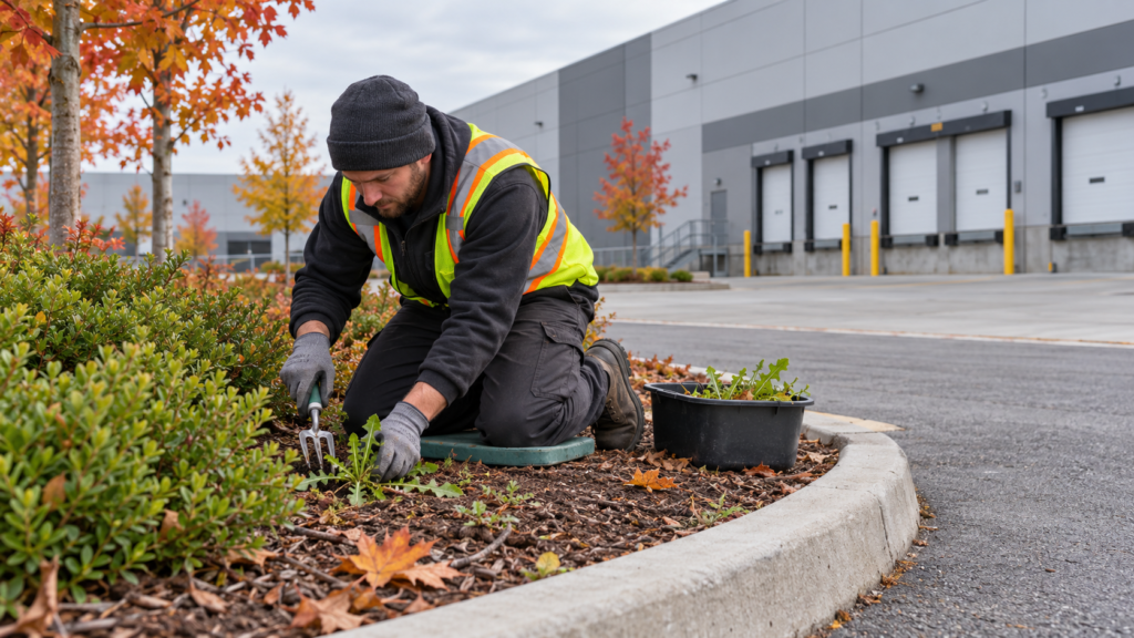 Fall weed control for commercial properties: a landscape worker removing weeds from a planted island outside a warehouse.